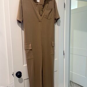 Le Lis Ribbed Tan Utility Jumpsuit